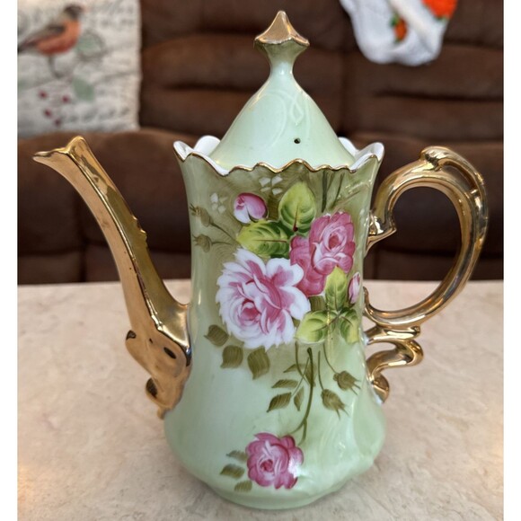 VTG Lefton Handpainted Porcelain Lidded Teapot #3065 Green Heritage Rose Pattern - Picture 1 of 5